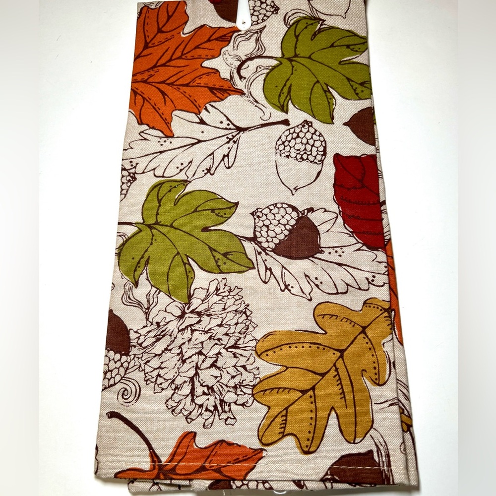 Chambray Harvest Leaves Acorns Pinecones Kitchen Towel Fall Autumn Colors